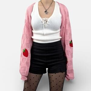 Pink Strawberry Embroidered Knit Open Cardigan Shrug Sz Small